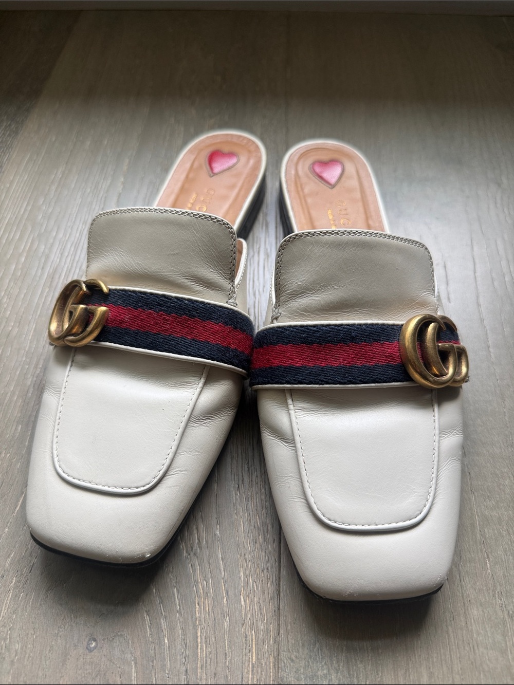 Gucci White Leather Slide Mules with Red and Navy Web & Gold Double G